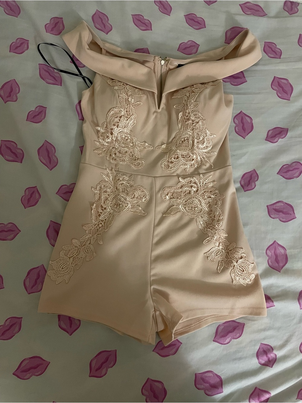 Blush Lace Appliqué Off-Shoulder Romper